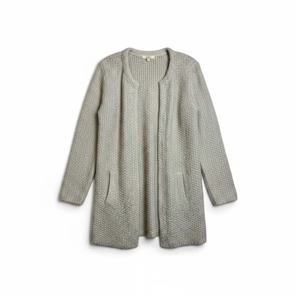 Dani Collection Wool Blend Oatmeal Beige Eyelash Knit Open Front Cardigan L